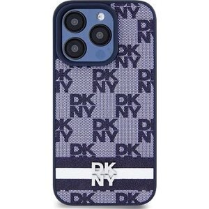 DKNY PU Leather Checkered Pattern and Stripe Zadný Kryt na iPhone 15 Pro Blue