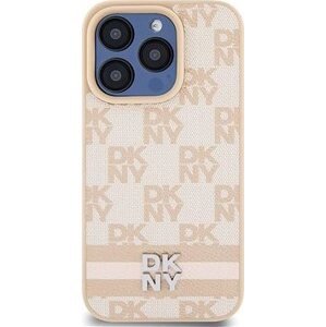 DKNY PU Leather Checkered Pattern and Stripe Zadný Kryt na iPhone 13 Pro Pink