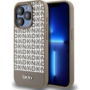 DKNY PU Leather Repeat Pattern Bottom Stripe MagSafe Zadný Kryt na iPhone 13 Pro Max Brown