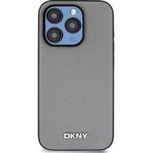 DKNY PU Leather Silver Metal Logo Magsafe Zadný Kryt na iPhone 15 Pro Grey