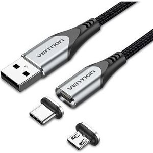 Vention 2-in-1 USB 2.0 to Micro + USB-C Male Magnetic Cable 1m Gray Aluminum Alloy Type