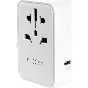 FIXED Voyager Travel GaN Adaptér EÚ UK USA/AUS s 3× USB-C a 2× USB výstupom PD 65 W biely